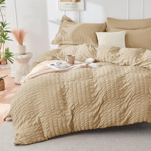 HYMOKEGE Khaki Duvet Cover Full Size, Ultra Soft 3-Piece Seersucker Duvet Cover Set with Zipper Closure, Soft Brushed Microfiber Bedding Set with 8 Corner Ties (80"x90", 2 Pillowshams) | Amazon (US)