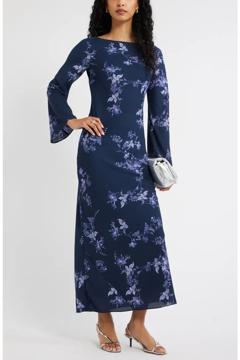 Print Long Sleeve Drape Back Dress (Women) | Nordstrom | Nordstrom