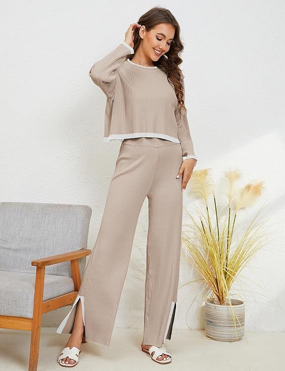 Dqbeng Two Piece Outfits for Women Sweater Set Lounge Set Knitted Long Sleeve Pullover Wide Leg P... | Amazon (US)