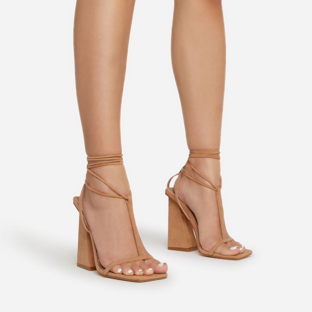 Late-Night Lace Up T-Bar Strap Square Toe Statement Flared Block Heel In Tan Brown Faux Suede | EGO Shoes (US & Canada)
