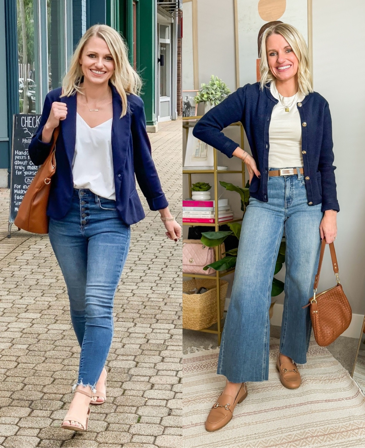 What I wore then vs. what I wore now ✨ Same navy + white formula, updated for 2026 — swapped the blazer for a cozy cardigan, skinnies for wide-leg jeans, and heels for loafers. Which version is your favorite? #thenandnow #whatiwore #ootd #falloutfit #petitestyle #momstyle