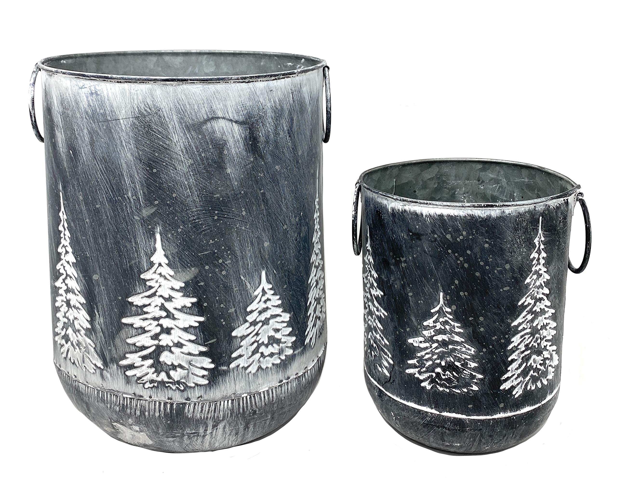 S/2 Winter Christmas Holiday Bucket Container Decor Organizer Silver Tin Metal W Embossed Trees 9... | Amazon (US)