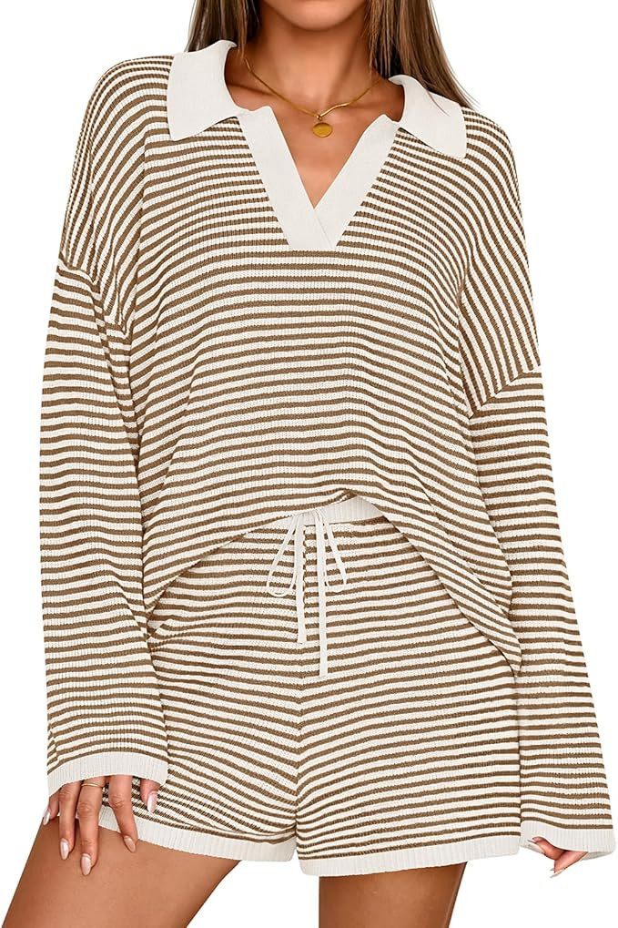 MEROKEETY Lounge Sets for Women 2 Piece Outfits Casual Long Sleeve Striped Sweater Tops Shorts Ma... | Amazon (US)
