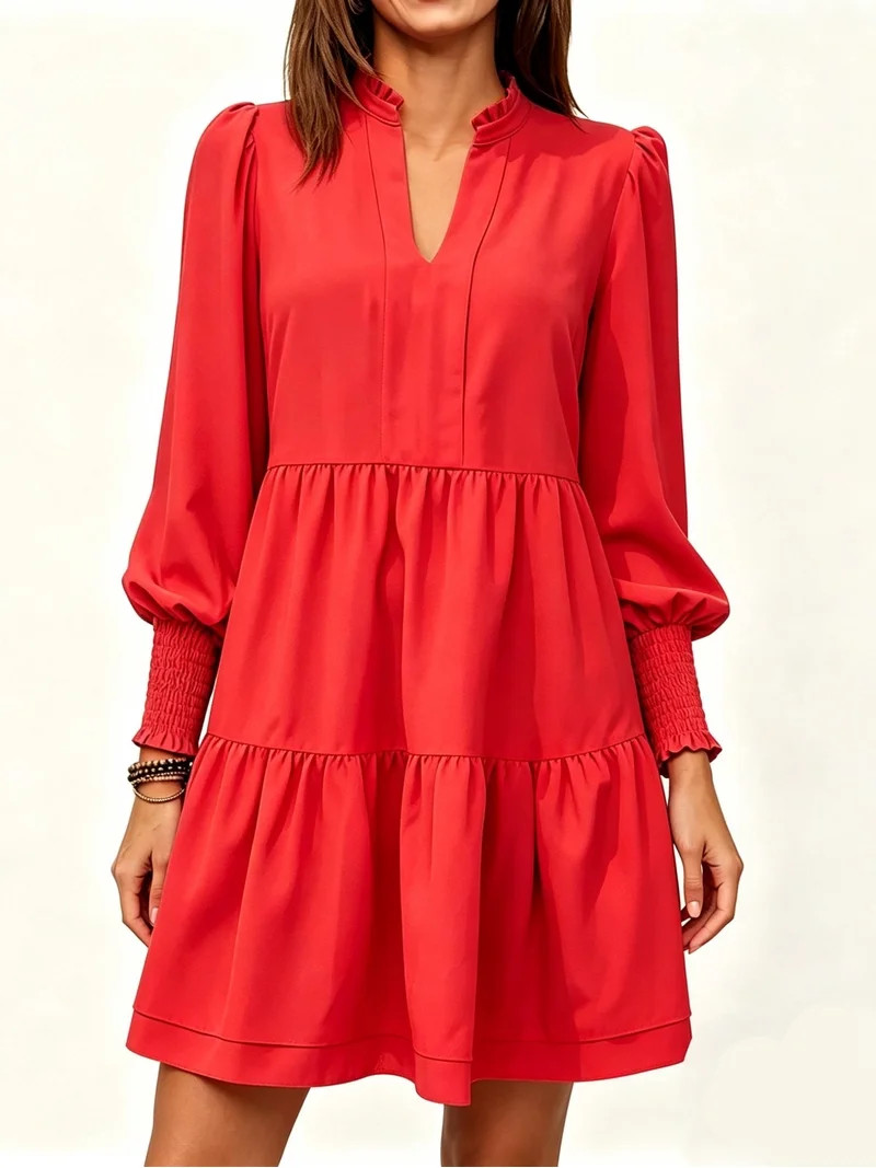Casual V Neck Loose Womens Ruffle Tiered Long Sleeve Tunic Dress | Walmart (US)