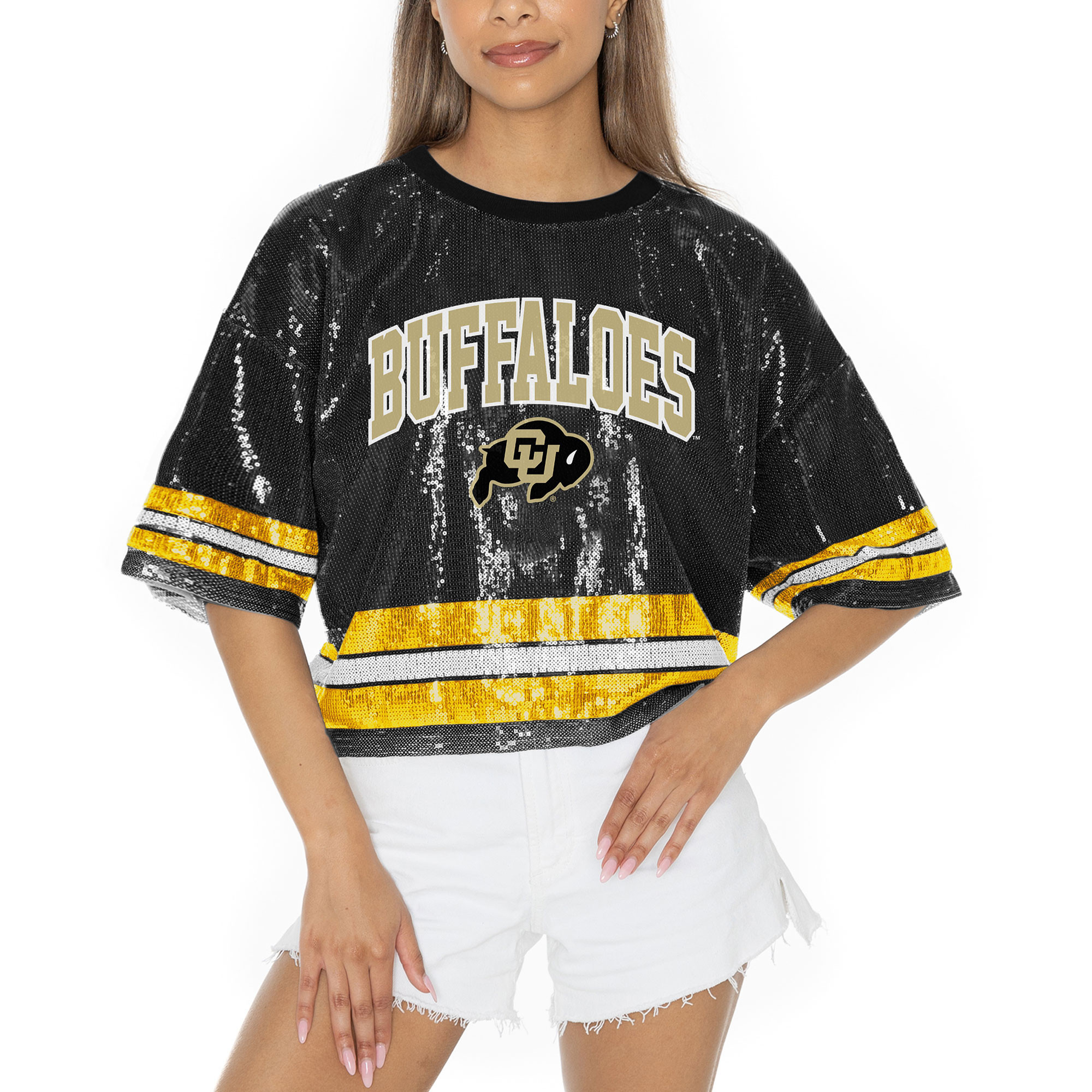 Women's Gameday Couture Black Colorado Buffaloes Sequin Striped Cropped Fashion Jersey T-Shirt | Fanatics