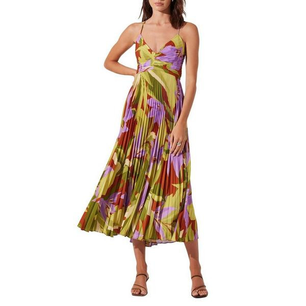 Women's ASTR The Label Blythe Floral Plisse Midi Dress Small Green Rust Floral | Scheels Sports