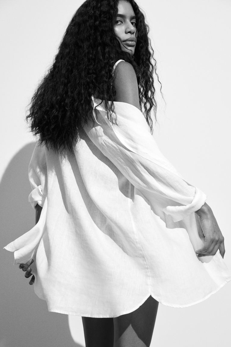 Long linen shirt - Long sleeve - Long - White - Ladies | H&M GB | H&M (UK, MY, IN, SG, PH, TW, HK)