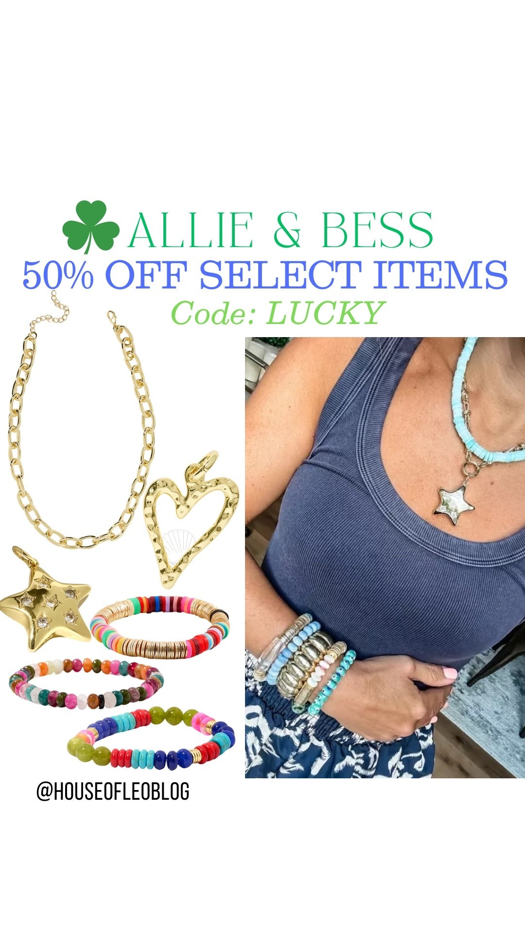 Code LUCKY (code HOUSEOFLEO20 for everything else sitewide). Star necklace, heart necklace, star charm, heart charm, beaded bracelets.

#LTKSaleAlert #LTKOver40