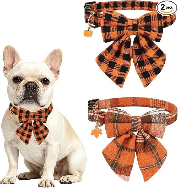 ADOGGYGO Fall Plaid Dog Collar 2 Pack, Thanksgiving Dog Bow Tie, Medium | Amazon (US)