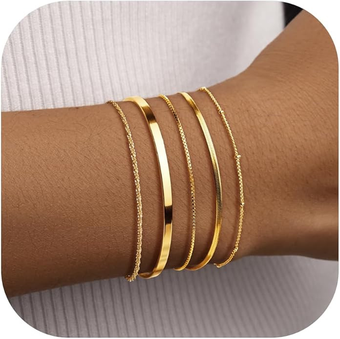 Thin Gold Bracelet for Women Stack, Gold Bracelet Stack Dainty Set with Bangle Cuff, Box, Herring... | Amazon (US)