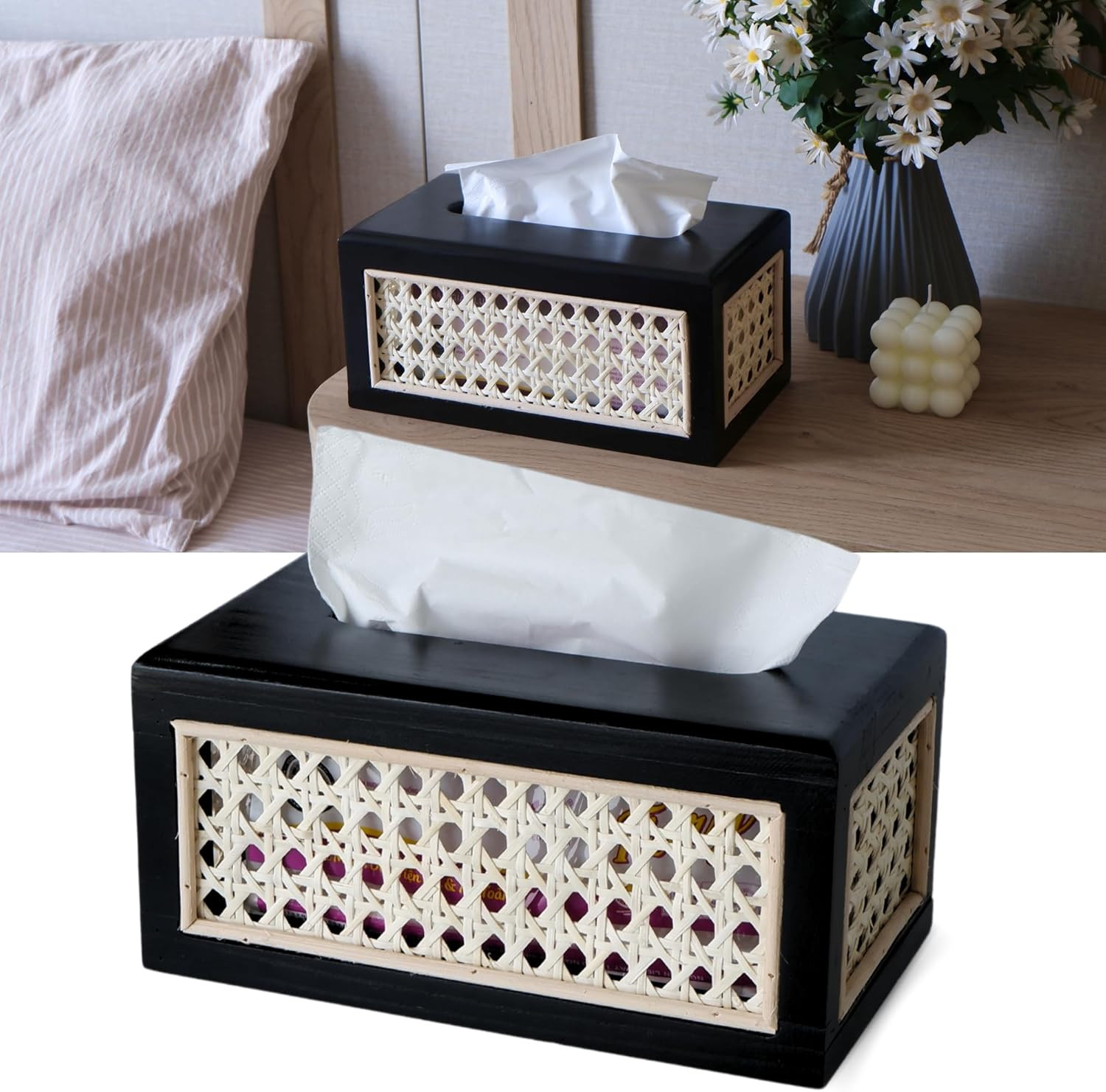 Tissue Box Cover Rectangle - Premium Wood & Natural Rattan Webbing Decorative Box for Bathroom Ti... | Amazon (US)