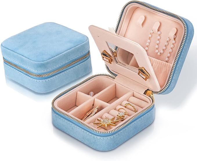Smileshe Travel Jewelry Box with Mirror, Velvet Mini Case for Women Girls, Small Portable Gifts O... | Amazon (US)