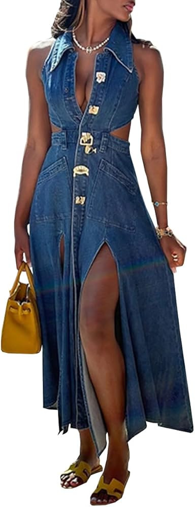 Women's Sexy Midi Denim Dress High Waist Sleeveless Lapel Hollow Slit Flowy A-Line Jean Dress | Amazon (US)