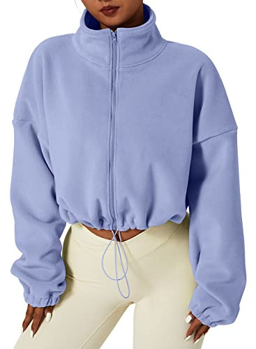 QINSEN Women's Full Zip Fleece Short Jacket Warm Winter Long Sleeve Stand Collar Sherpa Crop Coat | Amazon (US)