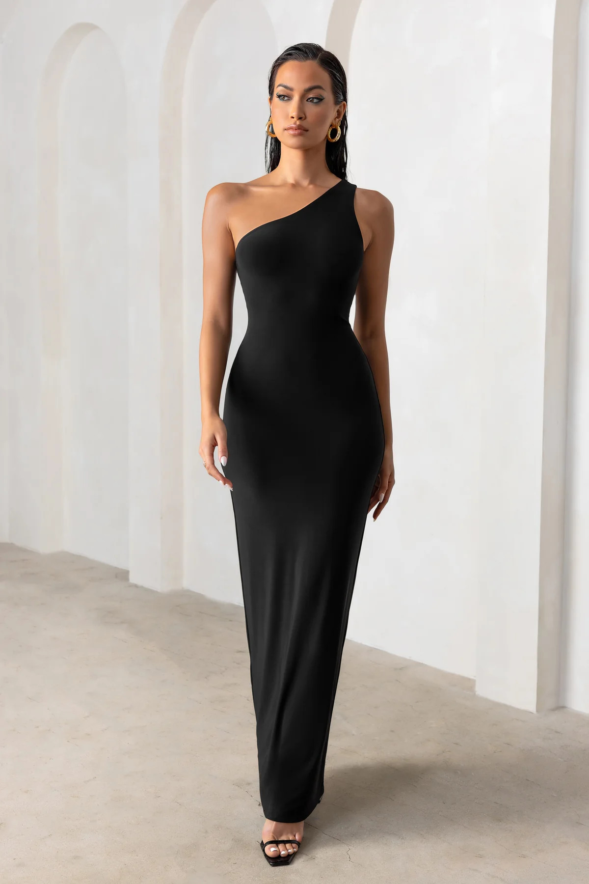 Honey Honey | Black One Shoulder Maxi Dress | Club L London