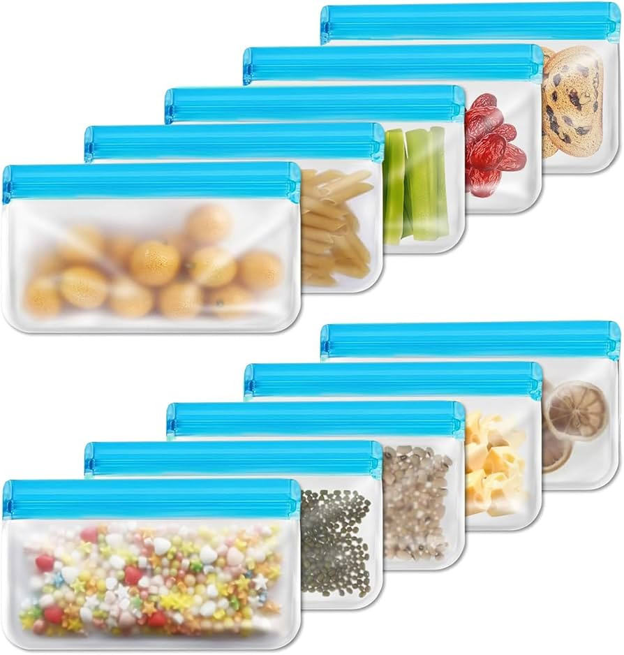 10 Pack Reusable Snack Bags – Extra-Thick, Leakproof, BPA-Free Food Storage Bags – Dishwasher... | Amazon (US)