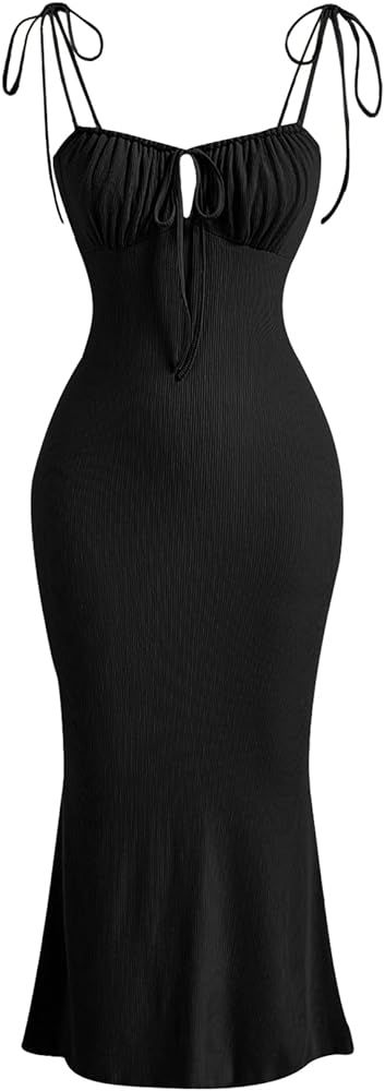 Verdusa Women's Ruched Knot Front Tie Shoulder Sleeveless Fishtail Bodycon Cami Dress | Amazon (US)