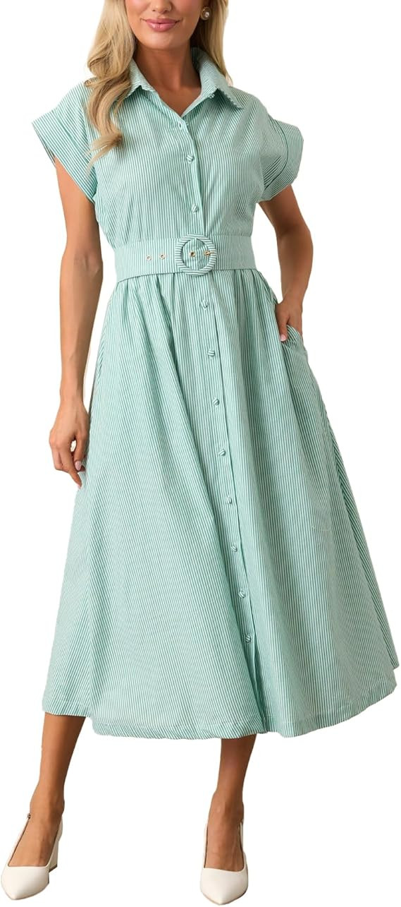 Women Midi Shirt Dress Short Cap Sleeve Striped Button Down a-Line Summer Casual Long Dress | Amazon (US)