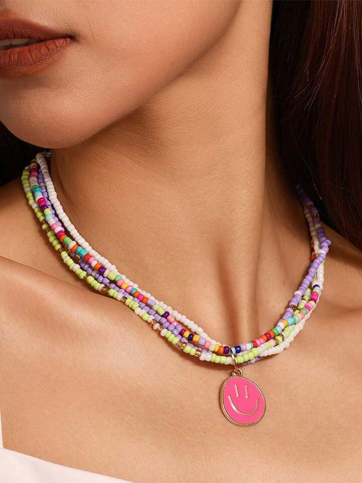 4 stuks/set Boheemse handgemaakte kleurrijke kralen ketting voor vrouwen schattige glimlach gezic... | SHEIN
