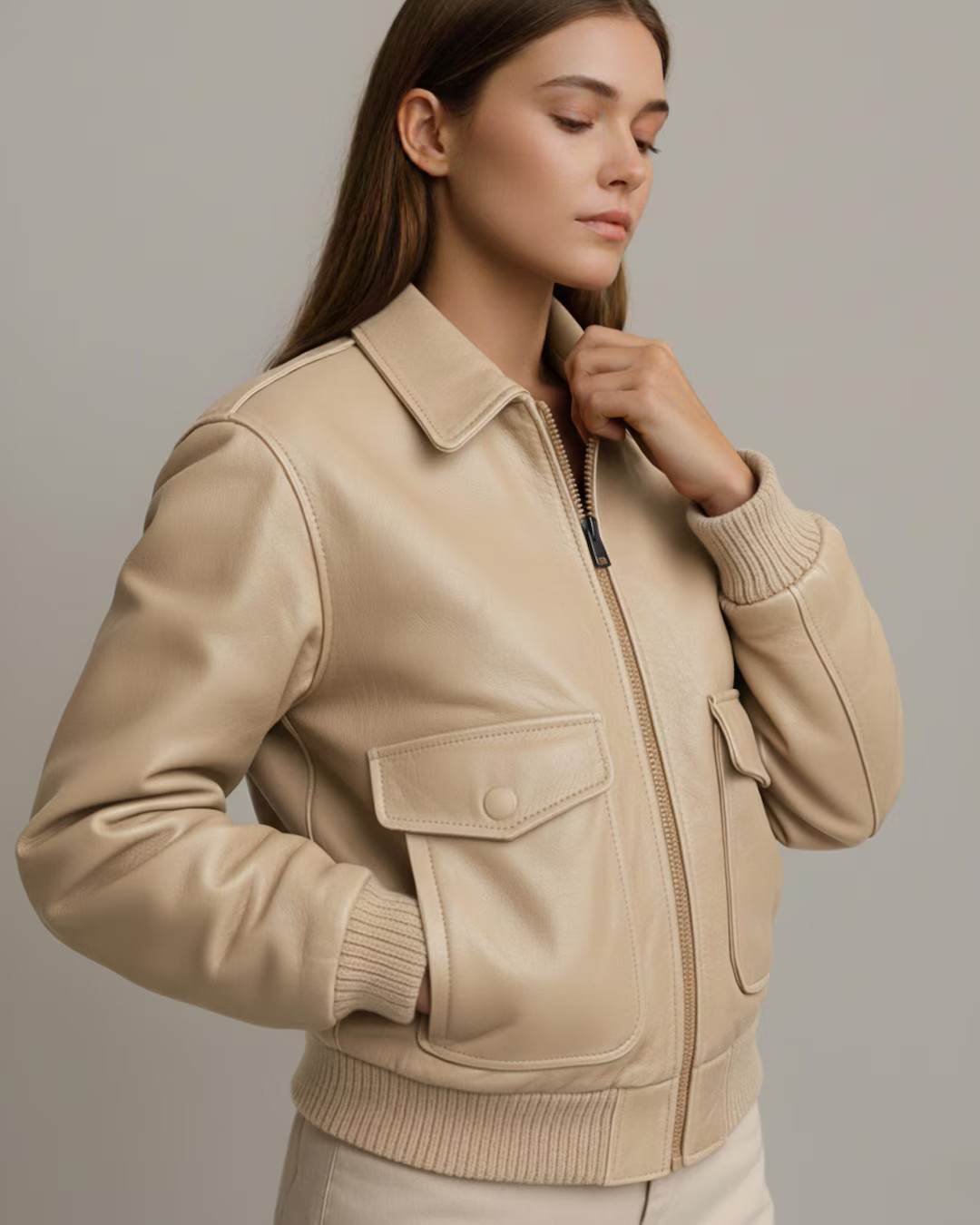 Beige Lambskin Leather Bomber Jacket: Handmade Women's Aviator Coat - Etsy | Etsy (US)