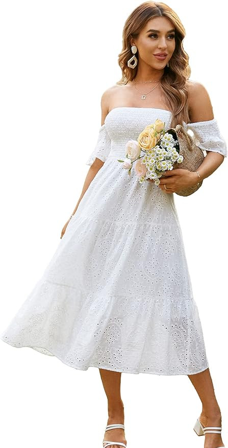 Miessial Women's Polka Dot Off Shoulder Long Dress Cute Summer Split Maxi Dress | Amazon (US)