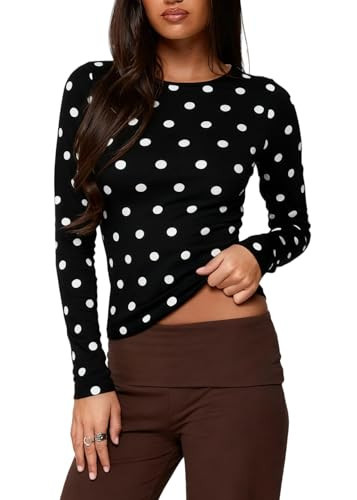 Women Polka Dot Top Long Sleeve Crewneck Y2K Crop Tops Dots Print Stretch Slim Fit T Shirts(Basic Black,Medium) | Amazon (US)