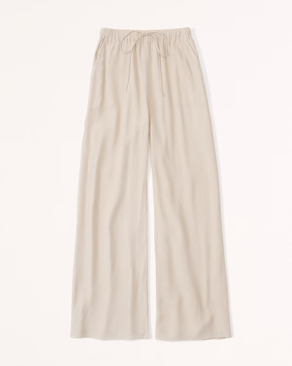 Women's Crinkle Textured Pull-On Wide Leg Pants | White Pants | Tan Pants | Beach Pants Outfit | Abercrombie & Fitch (US)