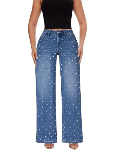 ONESO Mid-Low Rise Baggy Jeans Wide Leg for Women Rhinestone Jeans Stretchy Bottom Lady Basic Comfortable Denim | Amazon (US)
