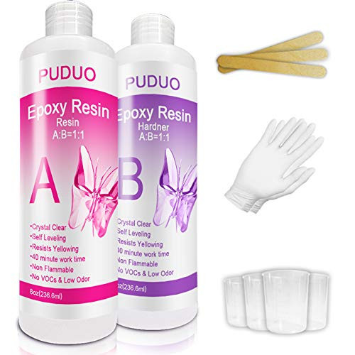 Epoxy Resin Crystal Clear Kit for Art, Jewelry, Crafts, Coating- 16 OZ Including 8OZ Resin and 8OZ Hardener | Bonus 4 pcs Measuring Cups, 3pcs Sticks, 1 Pair Rubber Gloves by Puduo | Amazon (US)