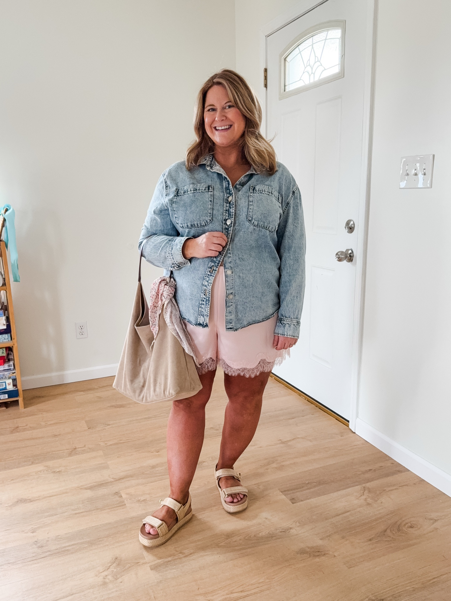 I sized up to an XXL in my satin shorts for the bump.  My denim shirt is older so I linked similar. 

Mom outfit 
Bump friendly outfit
Maternity
Satin shorts 
