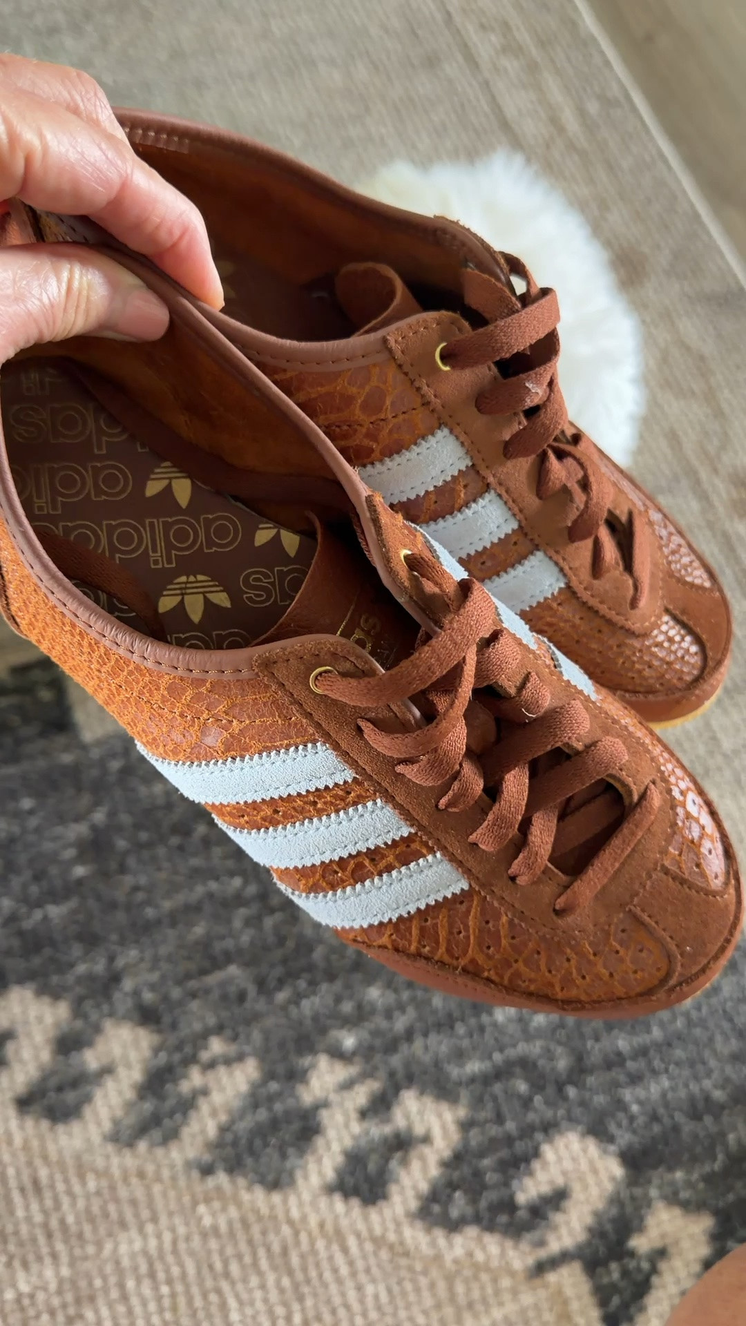 Color is bronze crystal sky orange…I sized down to a 7.5 (between a 7 1/2 and 8) love these adidas shoes