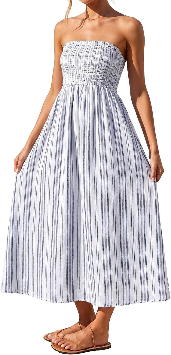 Women's Summer Midi Dress Strapless Convertible Straps Smocked Striped A Line Beach Vacation Sund... | Amazon (US)