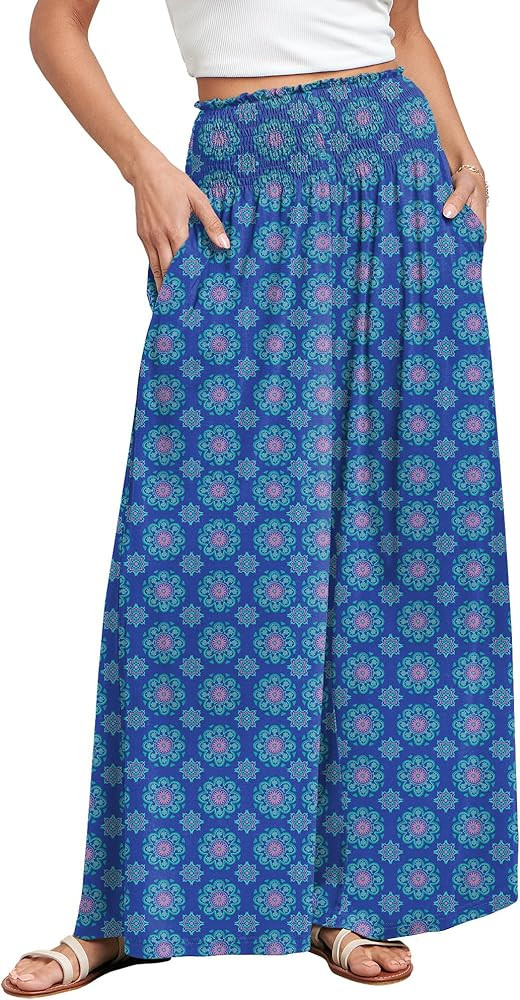 ANRABESS Women Palazzo Pants Summer Boho Bagyy Wide Leg High Smocked Waist Casual Loose Lounge Pa... | Amazon (US)