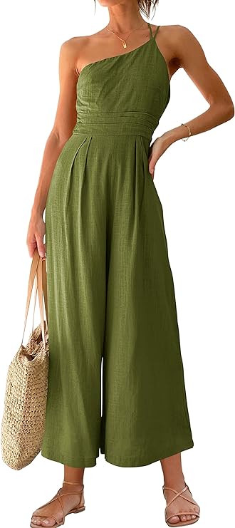 ANRABESS Women's Summer Straps One Shoulder High Waist Casual Wide Leg Linen Jumpsuit Romper with... | Amazon (US)