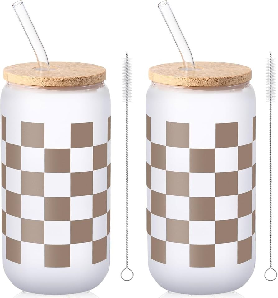 Honeydak 2 Sets Brown Checkered Glass Cups Gingham Gift Tumbler Iced Coffee Cups with Lids and St... | Amazon (US)