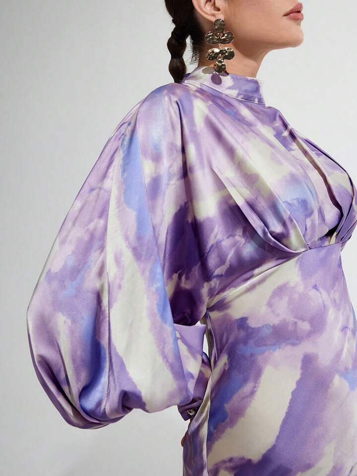 SHEIN Modely Women Stand Collar Long Sleeve Simple Midi Casual Dress, For Daily Wear | SHEIN