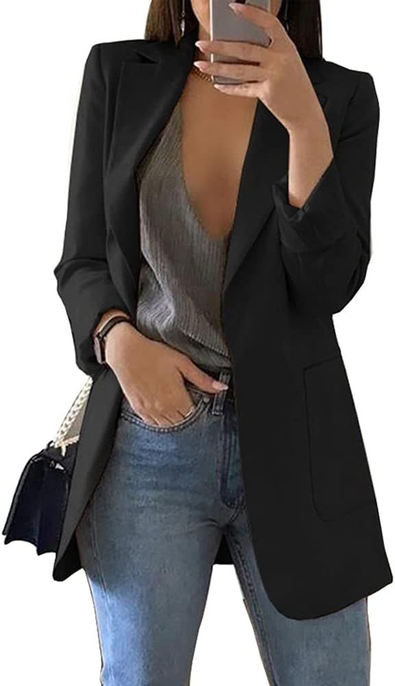 Cnkwei Womens Casual Blazers Open Front Long Sleeve Lapel Collar Work Office Jacket | Amazon (US)