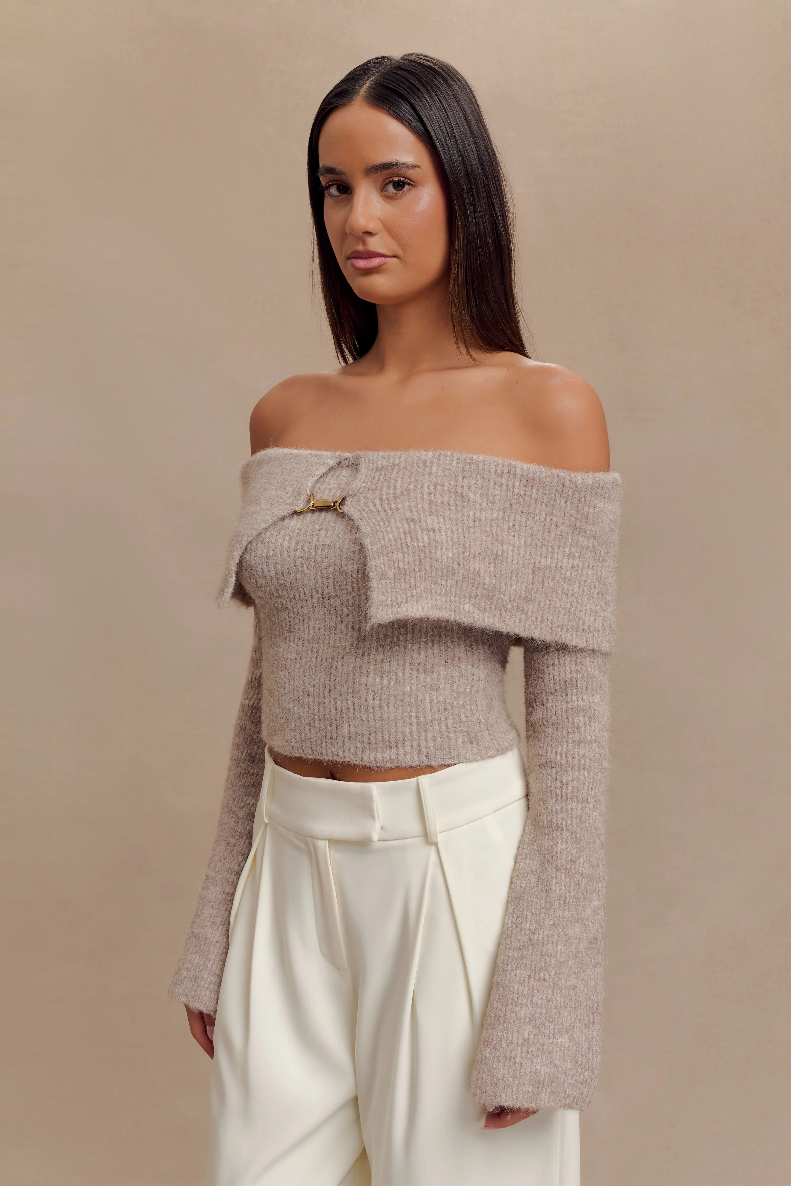 Baxter Off Shoulder Fluffy Knit Top - Taupe | MESHKI US