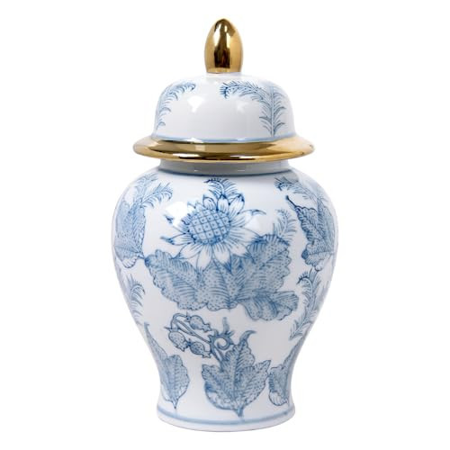 Andaliz Blue and White Sunflower Ginger Jar with Hand-Painted Floral Design, Ceramic Decorative Vase with Gold Trim Lid, Chinoiserie Home Decor for Living Room, Shelf, Mantel | Amazon (US)