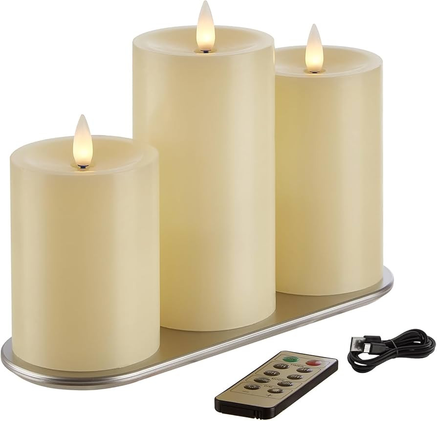Rechargeable Flameless Pillar Candle with Remote Timer, 3D Moving Flame Real Wax Led Pillar Candl... | Amazon (US)