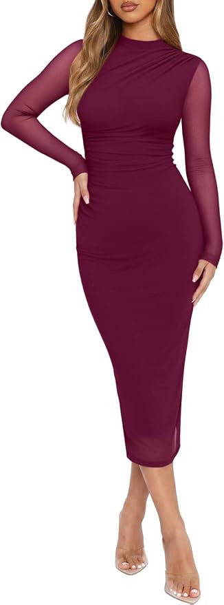 REORIA Mesh Sheer Long Sleeve Bodycon Midi Wedding Guest Dresses for Women | Mock Neck Dress, Ele... | Amazon (US)