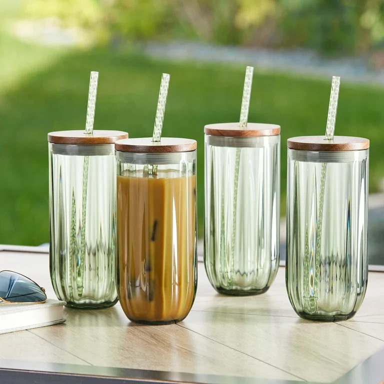 Better Homes & Gardens 4-Piece 21-Ounce Tritan Plastic Sipper and Straw with Acacia Wood Lid Set,... | Walmart (US)