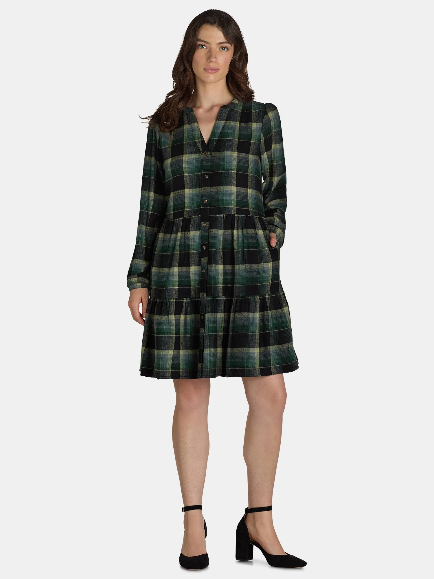 Time And Tru Women's and Women's Plus Tiered Plaid Shirt Dress, Sizes XS-4X - Walmart.com | Walmart (US)