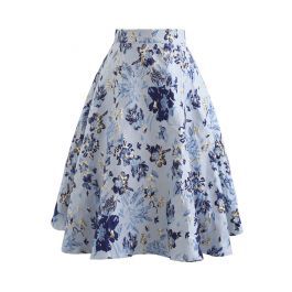 Blue Floral Embossed Jacquard Midi Skirt | Chicwish