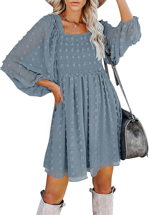 ZCSIA Women's Puff Long Sleeve Square Neck Ruffle Flowy Swiss Dot Babydoll Mini Dress with Pocket... | Amazon (US)