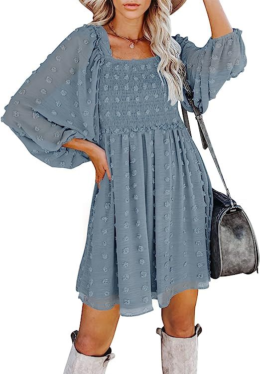 ZCSIA Women's Puff Long Sleeve Square Neck Ruffle Flowy Swiss Dot Babydoll Mini Dress with Pocket... | Amazon (US)