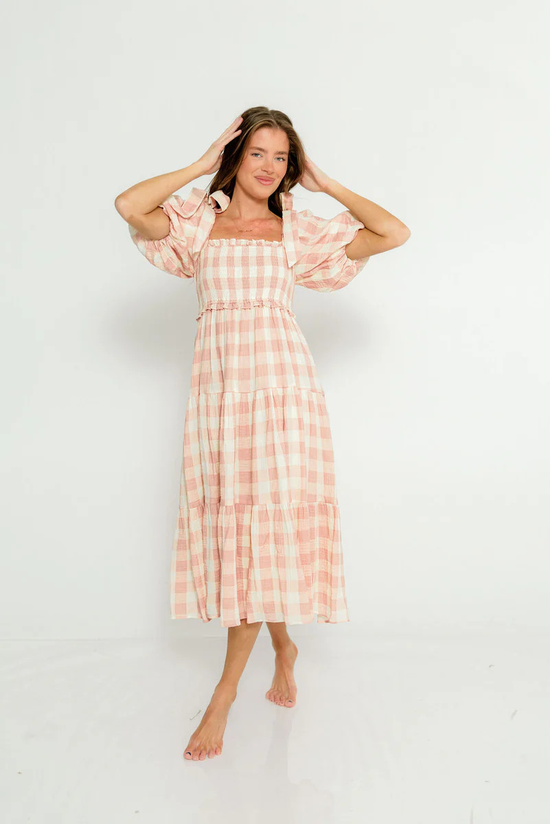 Elena 100% Cotton Gingham Midi Dress in Dusty Pink - Bump Friendly & I | Worth Collective