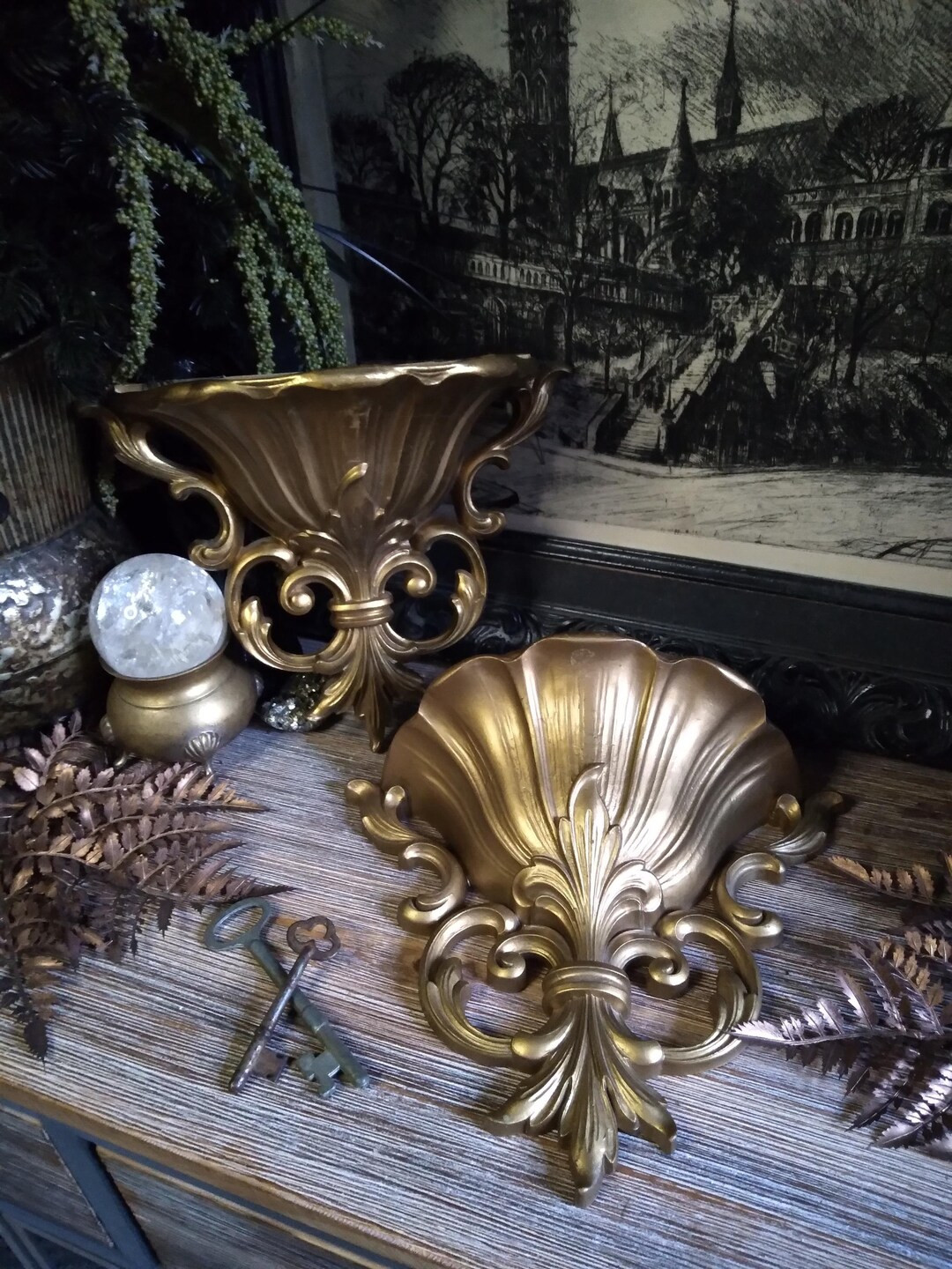 2 Vintage Opulent Gold Baroque Wall Pocket Sconce Shelf / Rococo Planter Pot / Altar Vase / Mid C... | Etsy (US)