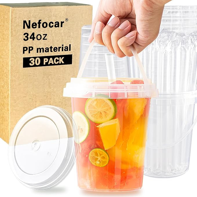30 Pack 34oz Disposable Plastic Cups with Lids and Straws, Iced Coffee Cups with Lids, Sturdy & F... | Amazon (US)