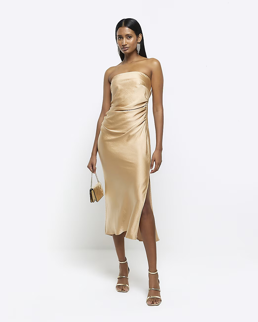 Gold ruched bandeau slip midi dress | River Island (UK & IE)